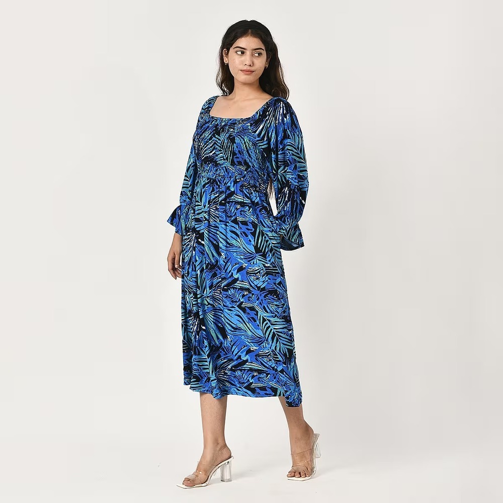 Tamsy Womens Dress One Size Black Blue Palm Printed Smocking Rayon